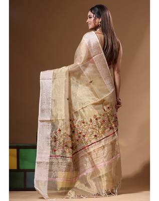 Beige pure tissue with kantha work saree with blouse piece 3