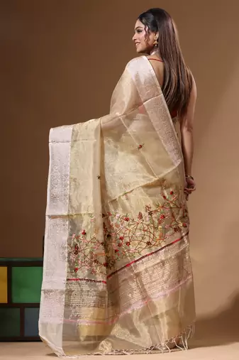 Beige pure tissue with kantha work saree with blouse piece