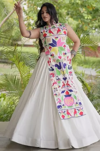kora cotton lehenga choli with gamthi thread embroidery - full stitched free size