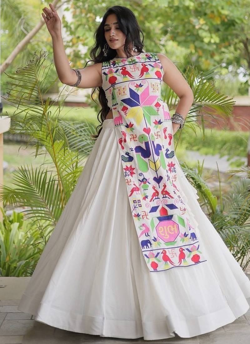 kora cotton lehenga choli with gamthi thread embroidery - full stitched free size