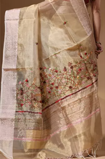 Beige pure tissue with kantha work saree with blouse piece