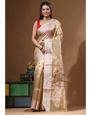 Beige pure tissue with kantha work saree with blouse piece 5