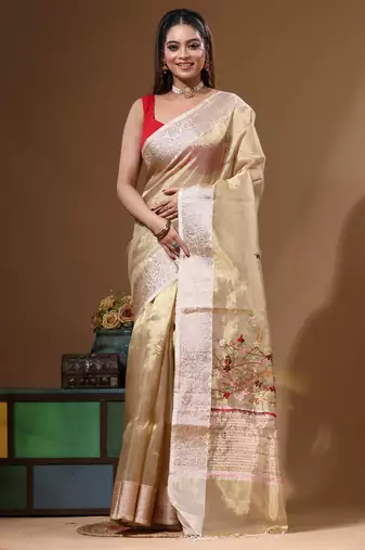 Beige pure tissue with kantha work saree with blouse piece