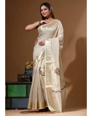 Beige kota tissue with kantha work saree with blouse piece 1
