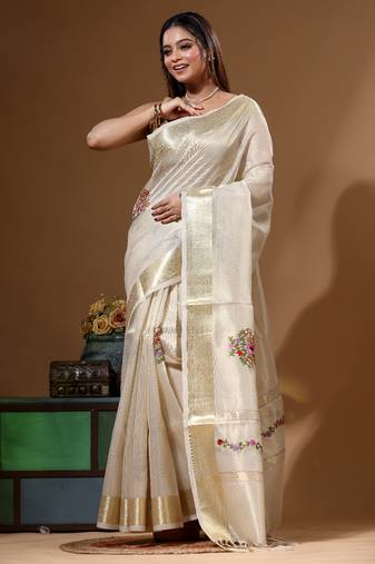 Beige kota tissue with kantha work saree with blouse piece