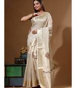 Beige kota tissue with kantha work saree with blouse piece