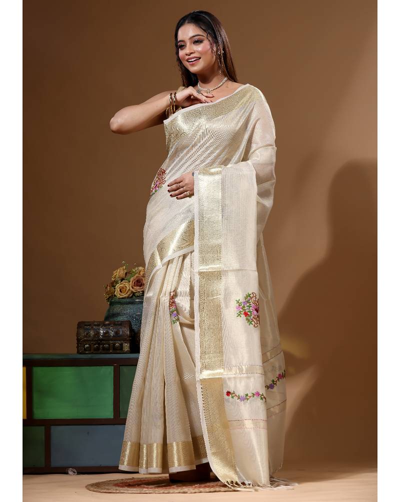 Beige kota tissue with kantha work saree with blouse piece