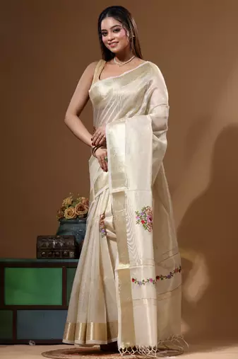 Beige kota tissue with kantha work saree with blouse piece