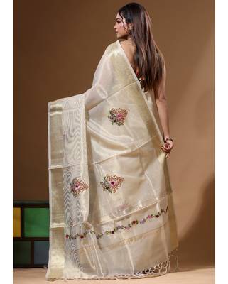 Beige kota tissue with kantha work saree with blouse piece 3