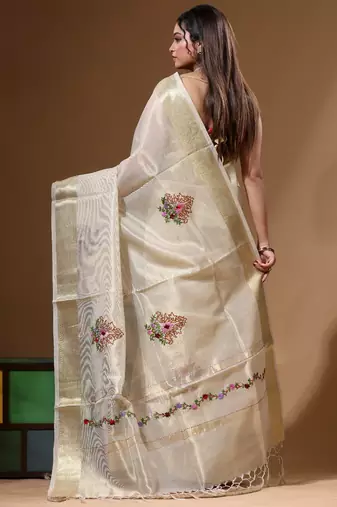 Beige kota tissue with kantha work saree with blouse piece