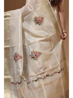 Beige kota tissue with kantha work saree with blouse piece 4