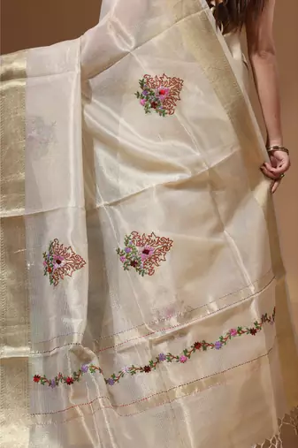 Beige kota tissue with kantha work saree with blouse piece