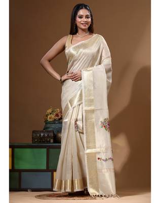 Beige kota tissue with kantha work saree with blouse piece 5