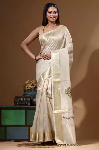 Beige kota tissue with kantha work saree with blouse piece