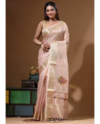 Peach kota tissue with kantha work saree with blouse piece 1
