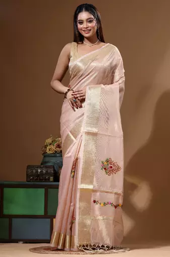 Peach kota tissue with kantha work saree with blouse piece