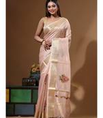 Peach kota tissue with kantha work saree with blouse piece