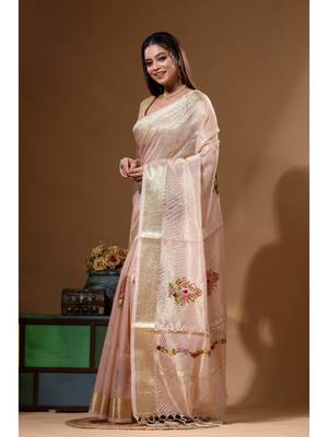 Peach kota tissue with kantha work saree with blouse piece 2
