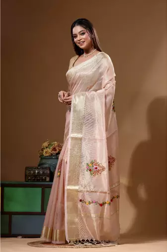 Peach kota tissue with kantha work saree with blouse piece