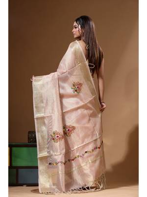Peach kota tissue with kantha work saree with blouse piece 3
