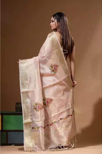 Peach kota tissue with kantha work saree with blouse piece