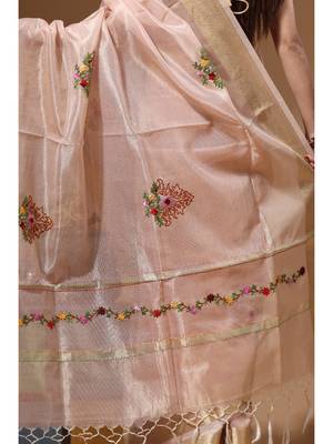 Peach kota tissue with kantha work saree with blouse piece 4