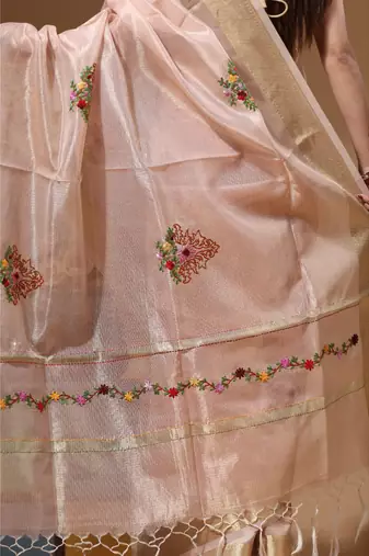 Peach kota tissue with kantha work saree with blouse piece