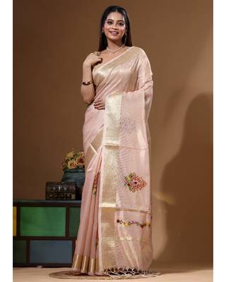 Peach kota tissue with kantha work saree with blouse piece 5