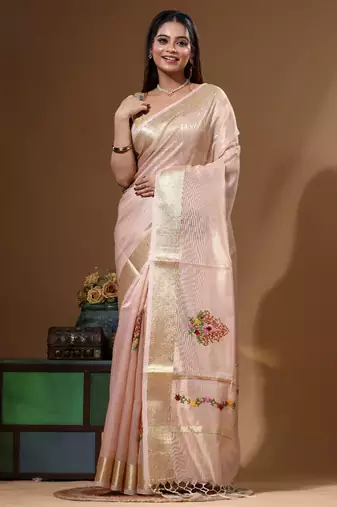 Peach kota tissue with kantha work saree with blouse piece