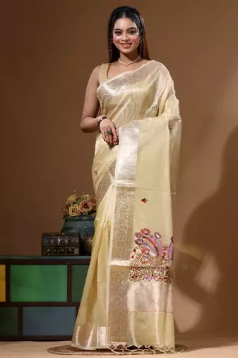 Yellow kota tissue with kantha work saree with blouse piece