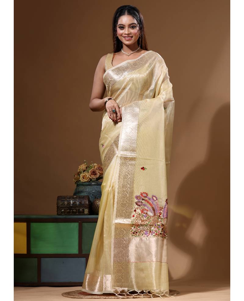 Yellow kota tissue with kantha work saree with blouse piece