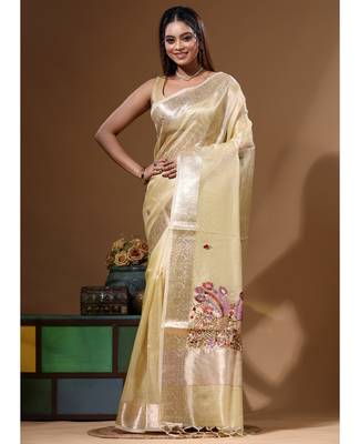 Yellow kota tissue with kantha work saree with blouse piece 3