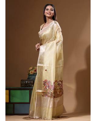 Yellow kota tissue with kantha work saree with blouse piece 4