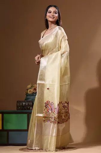 Yellow kota tissue with kantha work saree with blouse piece