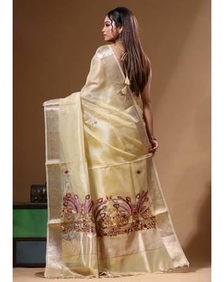 Yellow kota tissue with kantha work saree with blouse piece 5