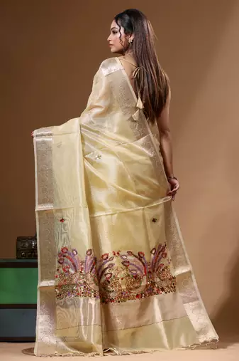 Yellow kota tissue with kantha work saree with blouse piece