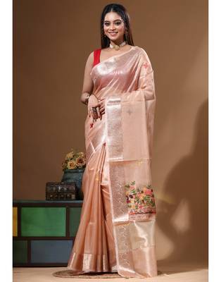 Peach kota tissue with kantha work saree with blouse piece 1