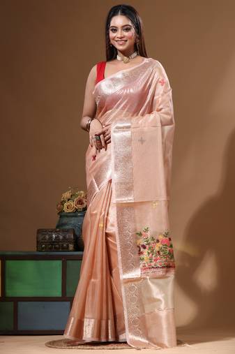 Peach kota tissue with kantha work saree with blouse piece