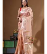Peach kota tissue with kantha work saree with blouse piece