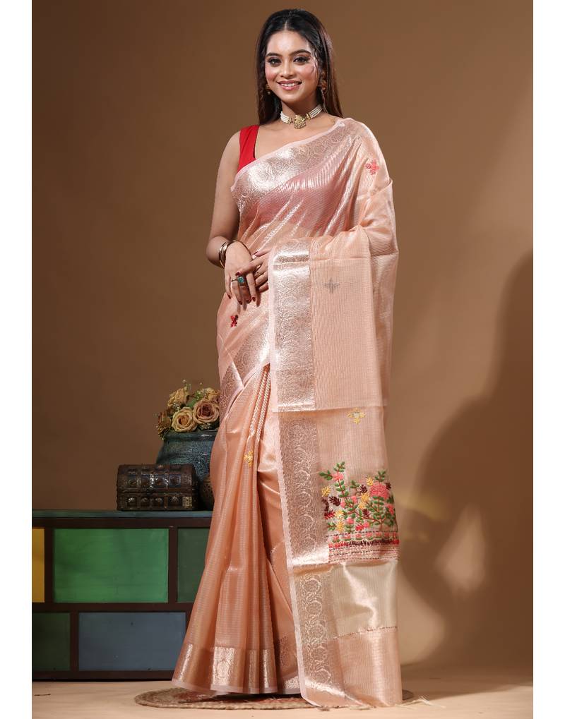 Peach kota tissue with kantha work saree with blouse piece