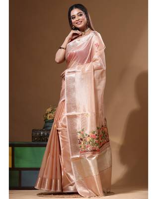 Peach kota tissue with kantha work saree with blouse piece 2