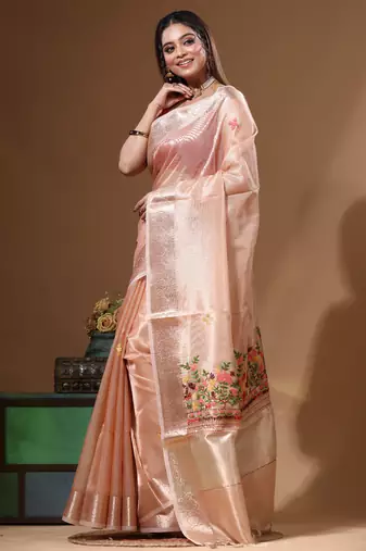 Peach kota tissue with kantha work saree with blouse piece