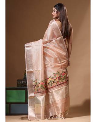 Peach kota tissue with kantha work saree with blouse piece 3