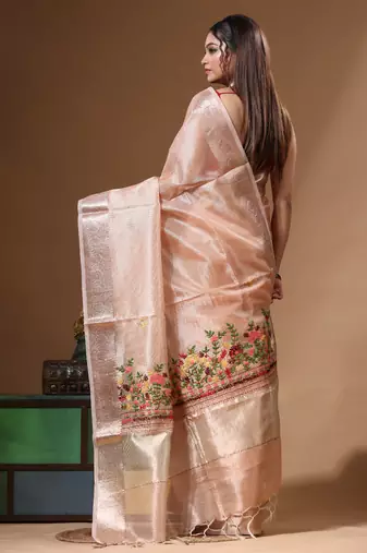 Peach kota tissue with kantha work saree with blouse piece