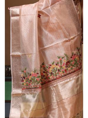 Peach kota tissue with kantha work saree with blouse piece 4