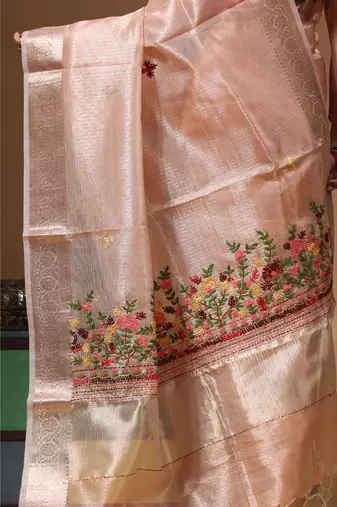 Peach kota tissue with kantha work saree with blouse piece