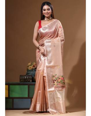 Peach kota tissue with kantha work saree with blouse piece 5