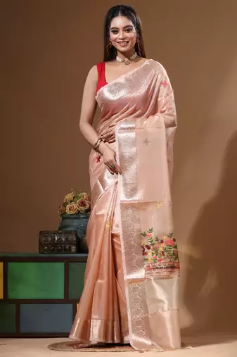 Peach kota tissue with kantha work saree with blouse piece