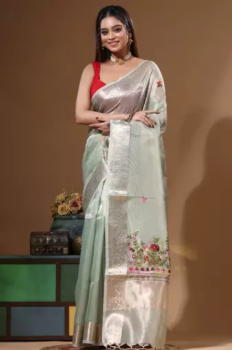 Green kota tissue with kantha work saree with blouse piece