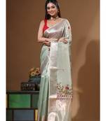 Green kota tissue with kantha work saree with blouse piece